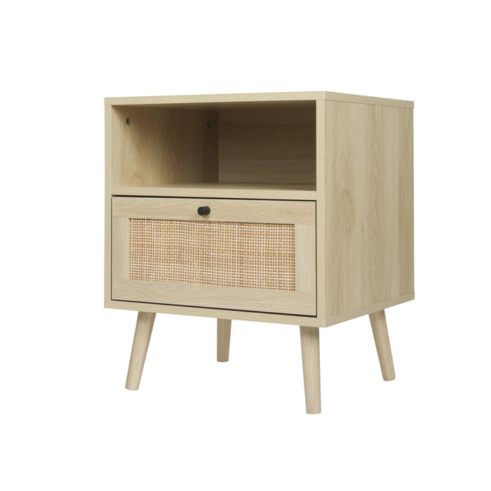 Rattan Nightstand, Wooden Bedside Table End Table for Living Room and Bedroom