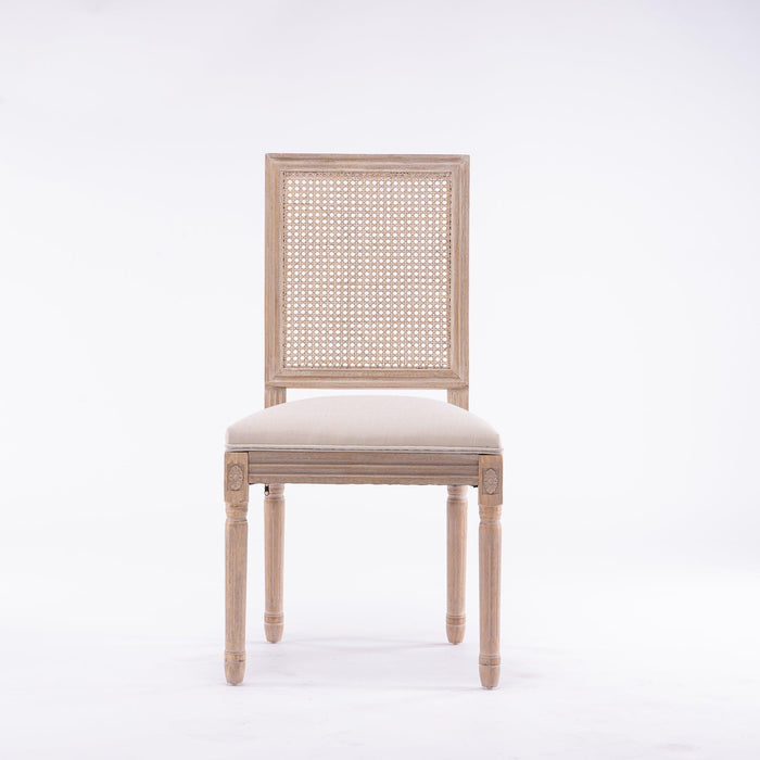 French Style Solid Wood Frame Linen Fabric Antique Painting Rattan Back Dining Chair ,Seat of 2,Cream