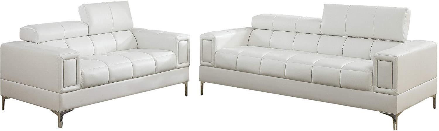 White Faux Leather Living Room 2pc Sofa set Sofa And Loveseat Furniture Couch Unique Design Metal Legs Adjustable Headrest