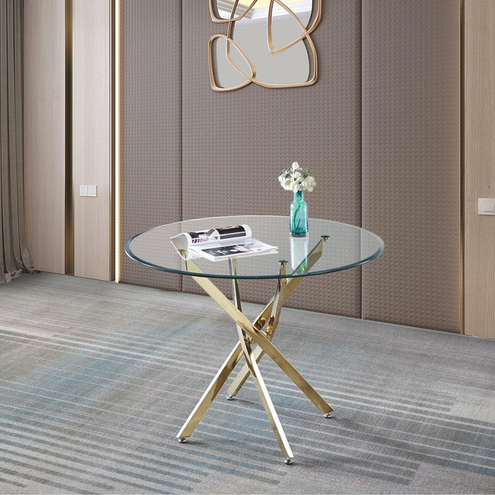 Contemporary Round Clear Dining Tempered Glass Table with Gold Finish Stainless Steel Legs