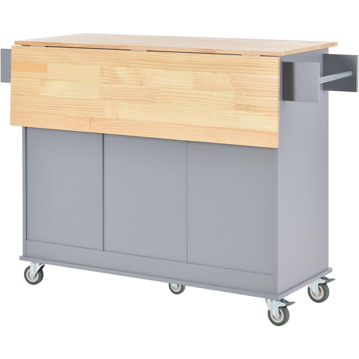 Rolling Mobile Kitchen Island with Solid Wood Top and Locking Wheels，52.7 Inch Width，Storage Cabinet and Drop Leaf Breakfast Bar，Spice Rack, Towel Rack & Drawer （Grey Blue）