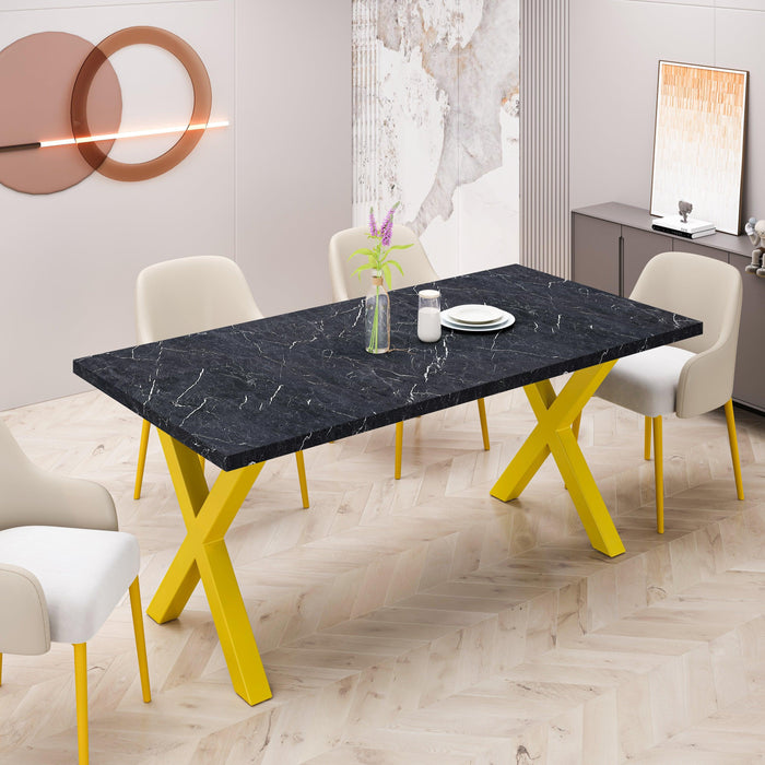 70.87"Modern Square Dining Table with Printed Black Marble Table Top+Gold X-Shape Table Leg
