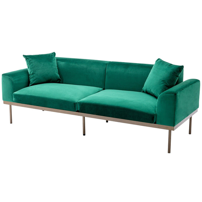 Modern Velvet Sofa with Metal Legs,Loveseat Sofa Couch with Two Pillows for Living Room and Bedroom, Green