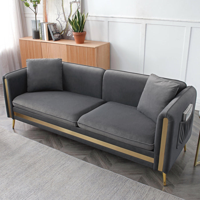 Modern Upholstered Velvet Sofa and Loveseat Mid-Century Tufted Living Room Set ld Metal Legs with Removable Cushions Side Pocket,4 Pillows Included,Grey