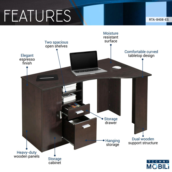 Techni Mobili Classic Office Desk withStorage, Espresso