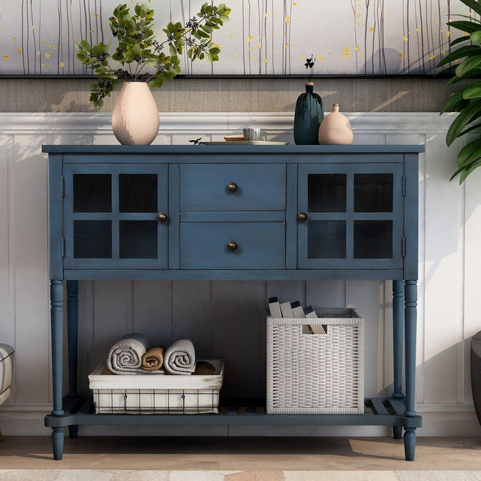 Sideboard Console Table with Bottom Shelf, Farmhouse Wood/Glass BuffetStorage Cabinet Living Room (Antique Navy)