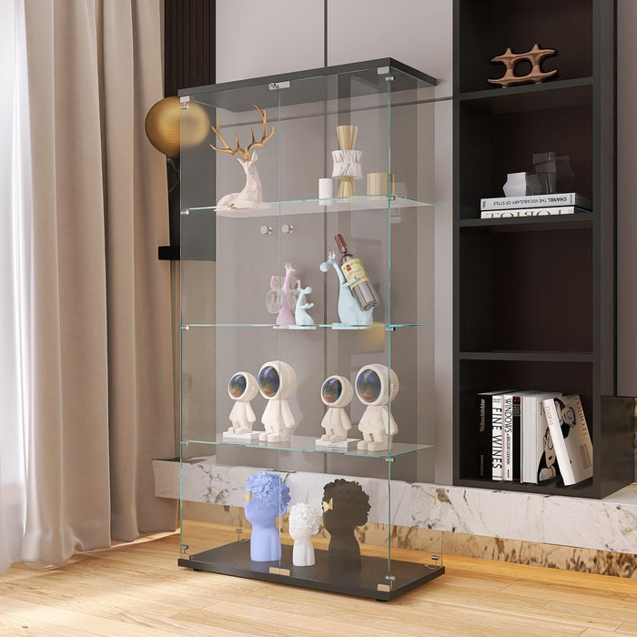 Two-door Glass Display Cabinet 4 Shelves with Door, Floor Standing Curio Bookshelf for Living Room Bedroom Office, 64.56” x 31.69”x 14.37”, Black