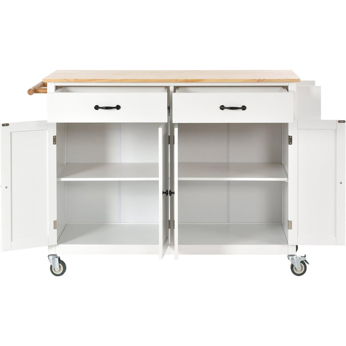 Kitchen Island Cart with Solid Wood Top and Locking Wheels，54.3 Inch Width，4 Door Cabinet and Two Drawers，Spice Rack, Towel Rack （White）