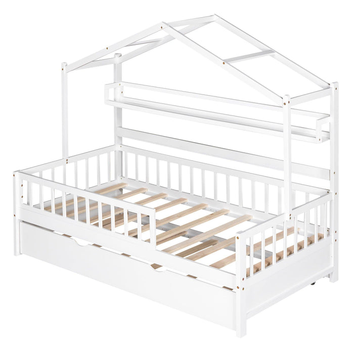 Wooden Twin Size House Bed with Trundle,Kids Bed with Shelf, White