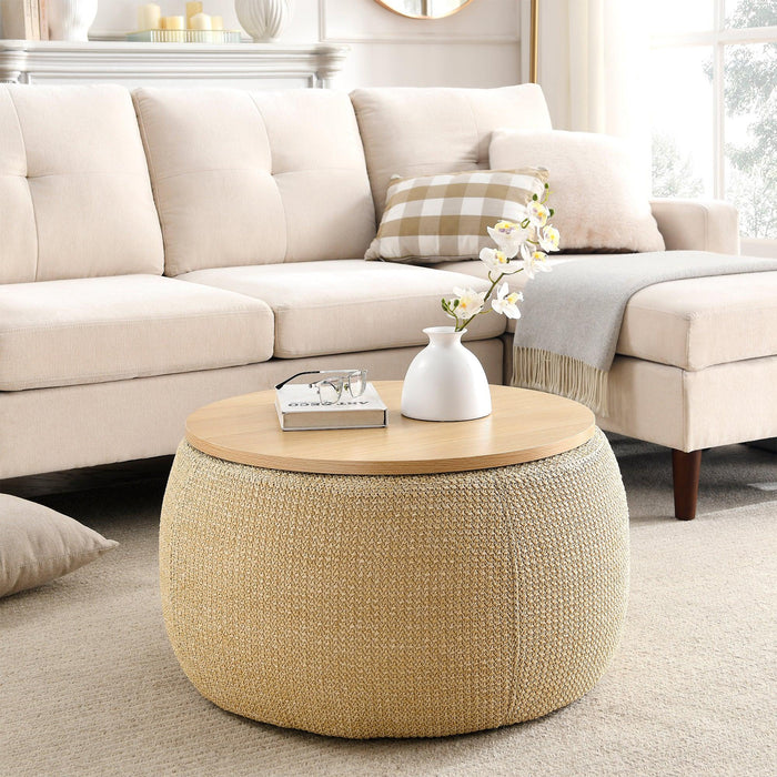 RoundStorage Ottoman, 2 in 1 Function, Work as End table and Ottoman, Natural (25.5"x25.5"x14.5")