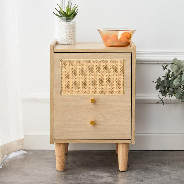 Modern simpleStorage cabinet MDF Board bedside cabinet Japanese rattan bedside cabinet Small household furniture bedside table.Applicable to dressing table in bedroom, porch, living room.2 Drawers