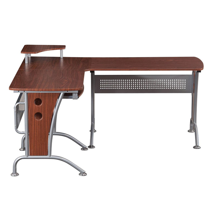Techni Mobili Deluxe L-Shaped Computer Desk With Pull Out Keyboard Panel, Mahogany