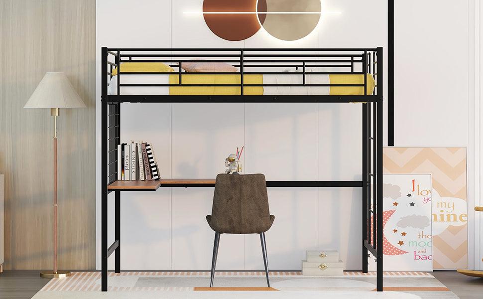 Twin Metal Loft Bed with Desk and Metal Grid,Black