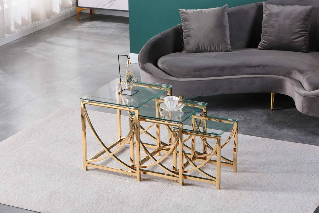 3 Pieces ld Square Nesting Glass End Tables- Small Coffee Table Set- Stainless Steel Small Coffee Tables with Clear Tempered Glass- 18"Modern Minimalist Side Table for Living Room (Curve)
