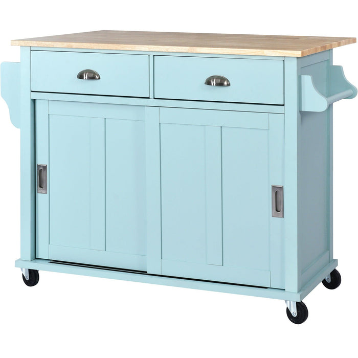 Kitchen Cart with Rubber wood Drop-Leaf Countertop, Concealed sliding barn door adjustable height,Kitchen Island on 4 Wheels withStorage Cabinet and 2 Drawers,L52.2xW30.5xH36.6 inch, Mint Green