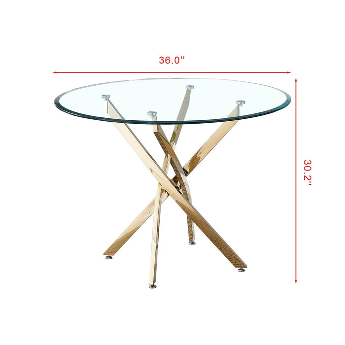 Contemporary Round Clear Dining Tempered Glass Table with Gold Finish Stainless Steel Legs