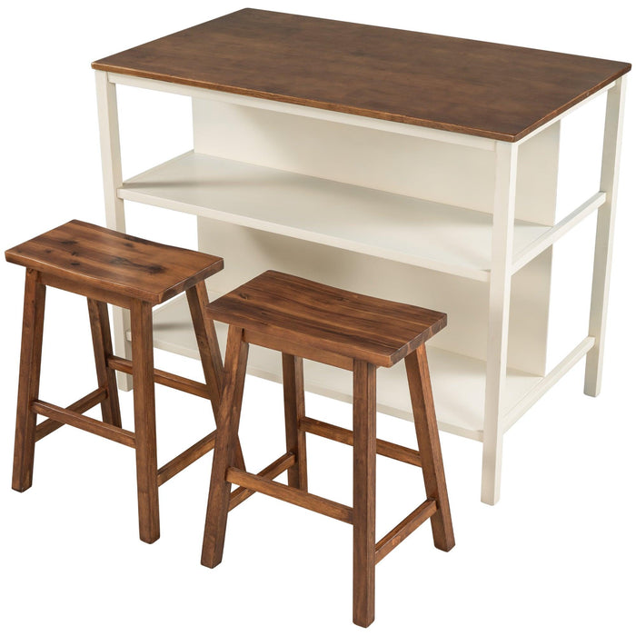 Solid Wood Rustic 3-piece 45" Stationary Kitchen Island Set with 2 Seatings, Rubber Wood Butcher Block Dining Table Set Prep Table Set with 2 Open Shelves for Small Places,Walnut+Cream White