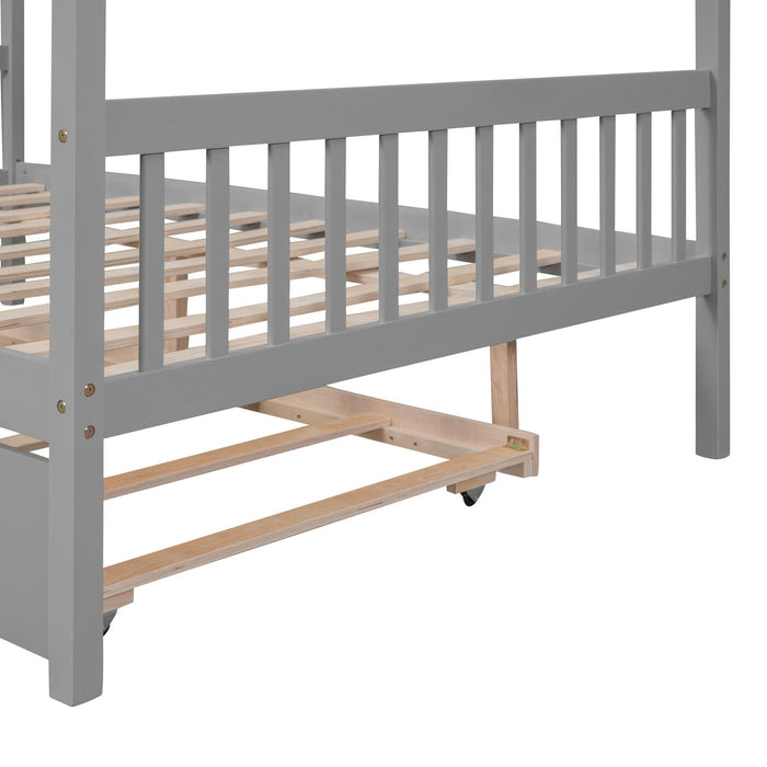 Full Size Wooden House Bed with Twin Size Trundle, Gray
