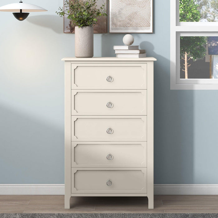 Milky White Rubber Wooden Chest Five Large Drawers Silver Metal Handles for Living Room Guest Room Bedroom
