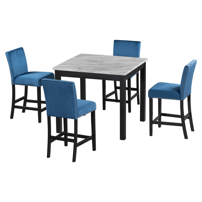 5-piece Counter Height Dining Table Set with One Faux Marble Dining Table and Four Upholstered-Seat Chairs, Table top: 40in.L x40in.W, for Kitchen and Living room Furniture,Blue