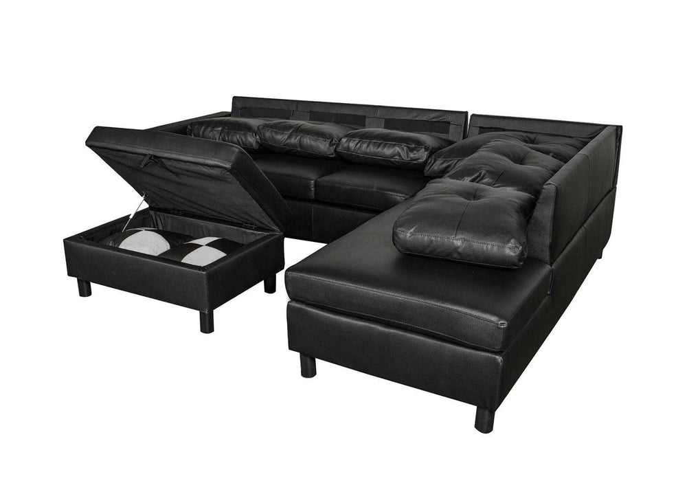 3 PC Sectional Sofa Set, (Black) Faux Leather left-Facing Sofa with FreeStorage Ottoman