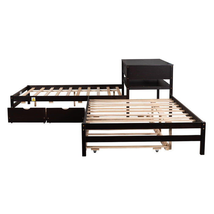 Full Size L-shaped Platform Beds with Twin Size Trundle and Drawers Linked with Built-in Rectangle Table,Espresso