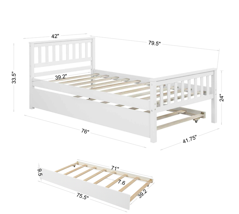 Twin Bed with Trundle, Platform Bed Frame with Headboard and Footboard, for Bedroom Small Living Space,No Box Spring Needed,White