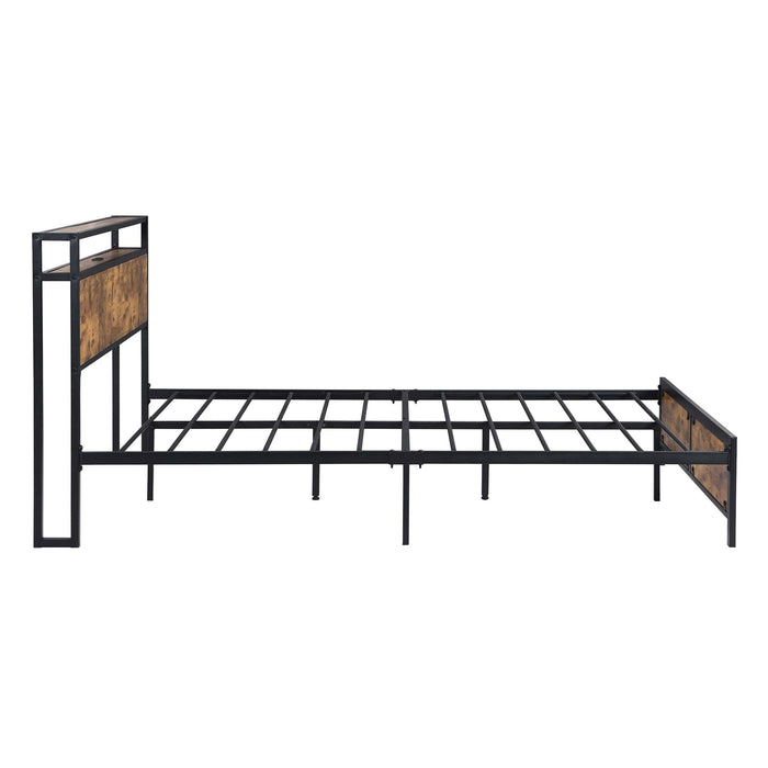 Industrial Full Bed Frame with LED Lights and 2 USB Ports, Bed Frame Full Size withStorage, Noise Free, No Box Spring Needed, Rustic Brown
