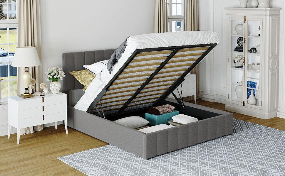 Queen size Upholstered Platform bed with a HydraulicStorage System - Gray