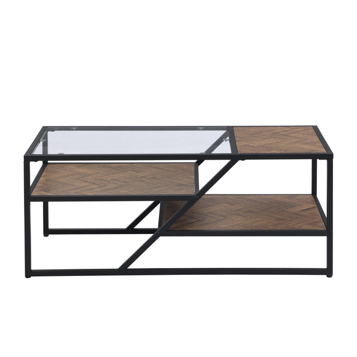 Black Coffee Table withStorage Shelf, Tempered Glass Coffee Table with Metal Frame for Living Room&Bedroom