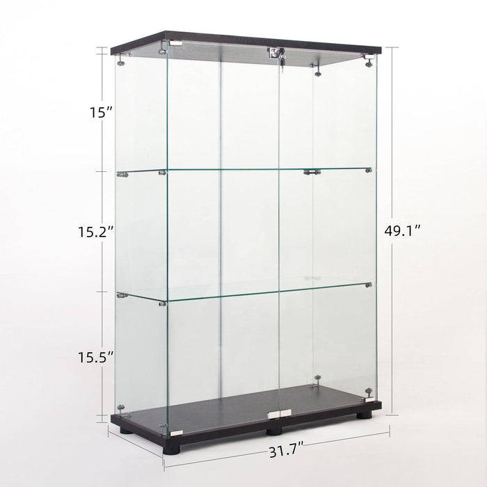 Two-door Glass Display Cabinet 3 Shelves with Door, Floor Standing Curio Bookshelf for Living Room Bedroom Office, 49.49” x 31.77”x 14.37”, Black