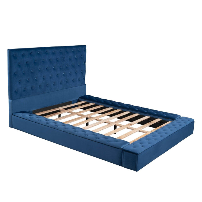 Queen Size Upholstery Low ProfileStorage Platform Bed withStorage Space on both Sides and Footboard,Blue