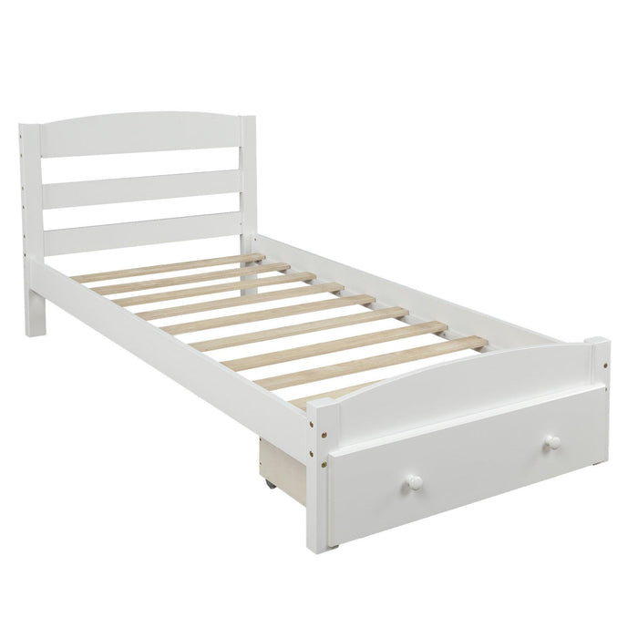 Platform Twin Bed Frame withStorage Drawer and Wood Slat Support No Box Spring Needed, White