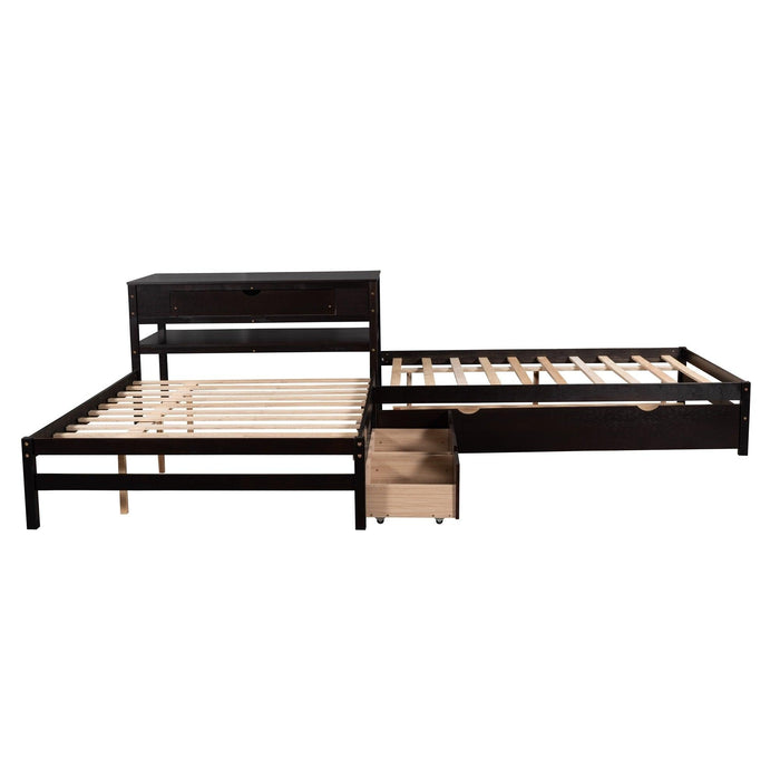 Full Size L-shaped Platform Beds with Twin Size Trundle and Drawers Linked with Built-in Rectangle Table,Espresso