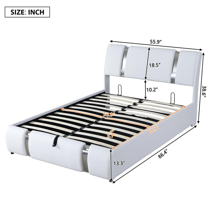 Full Size Upholstered Faux Leather Platform bed with a HydraulicStorage System, White