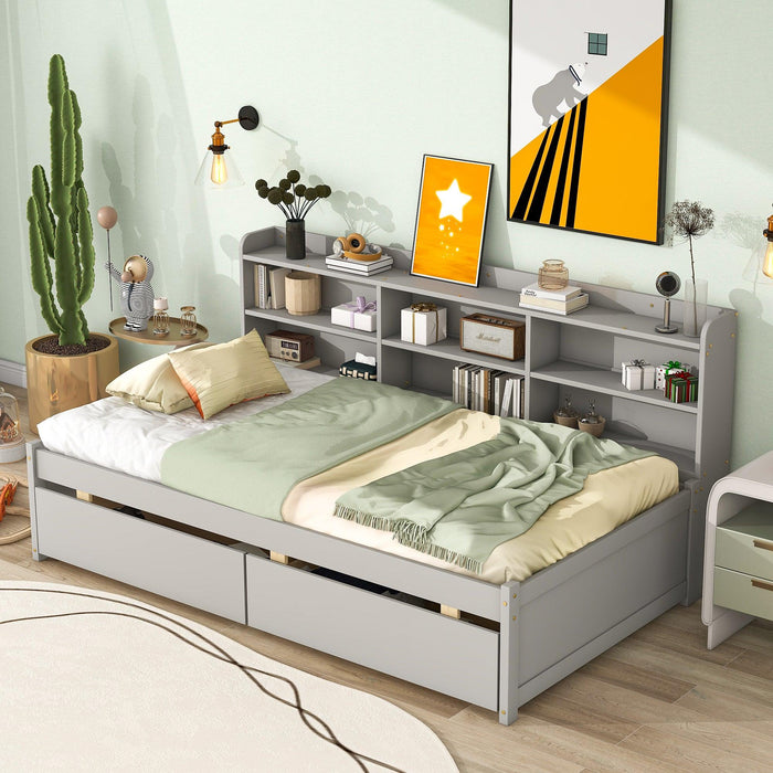 Twin Bed with Side Bookcase, Drawers ,Gray