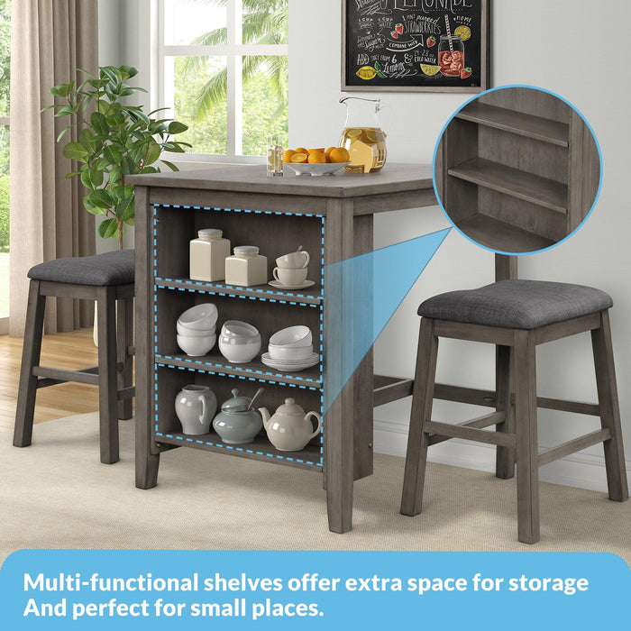 3 Piece Dining Table with Padded Stools, Table Set withStorage Shelf,Dark Gray