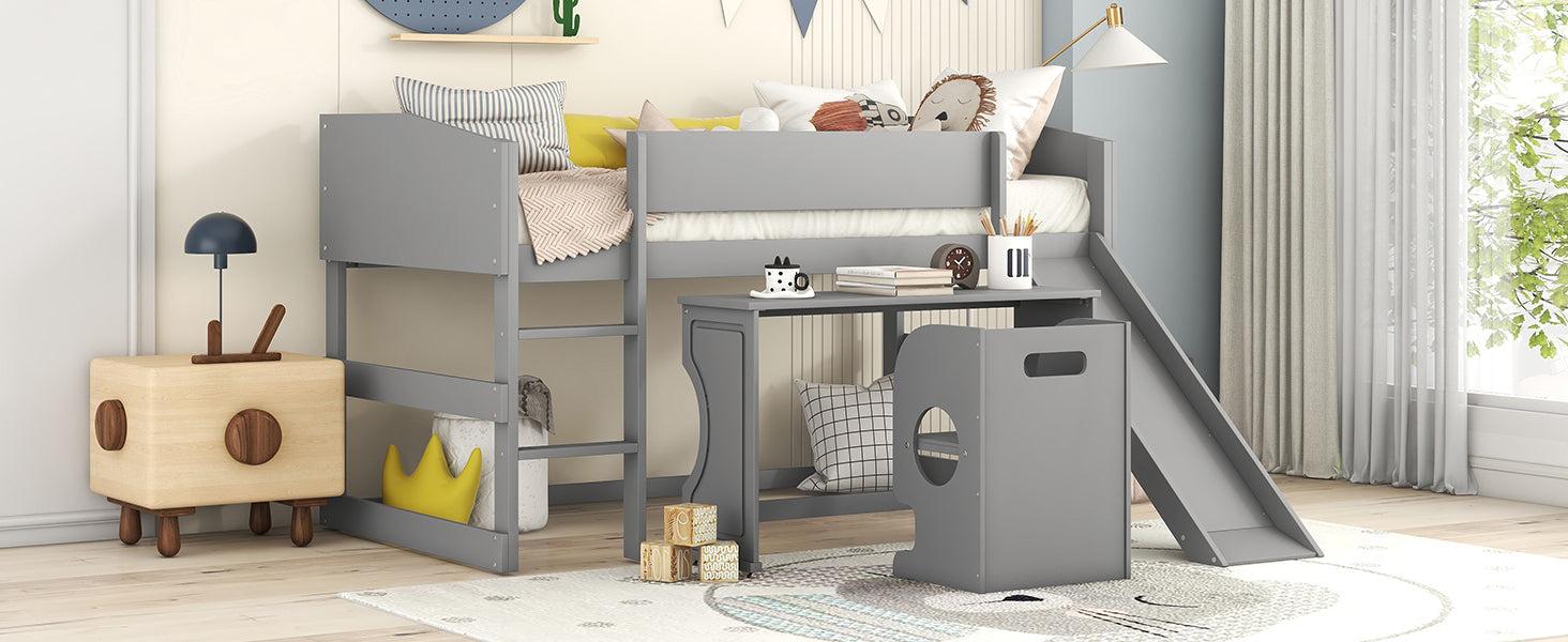 Low Study Twin Loft Bed with Rolling Portable Desk and Chair,Multiple Functions Bed- Gray