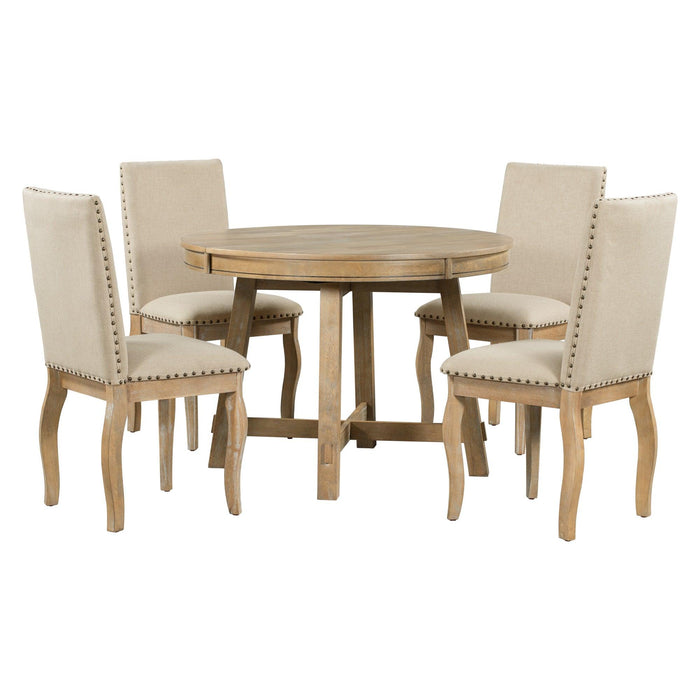 5-Piece Farmhouse Dining Table Set Wood Round Extendable Dining Table and 4 Upholstered Dining Chairs (Natural Wood Wash)