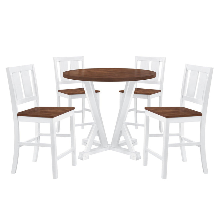 Rustic Farmhouse 5-Piece Counter Height Dining Table Set, Round Kitchen set with 4 Dining Chairs and Thick Tabletop, Brown
