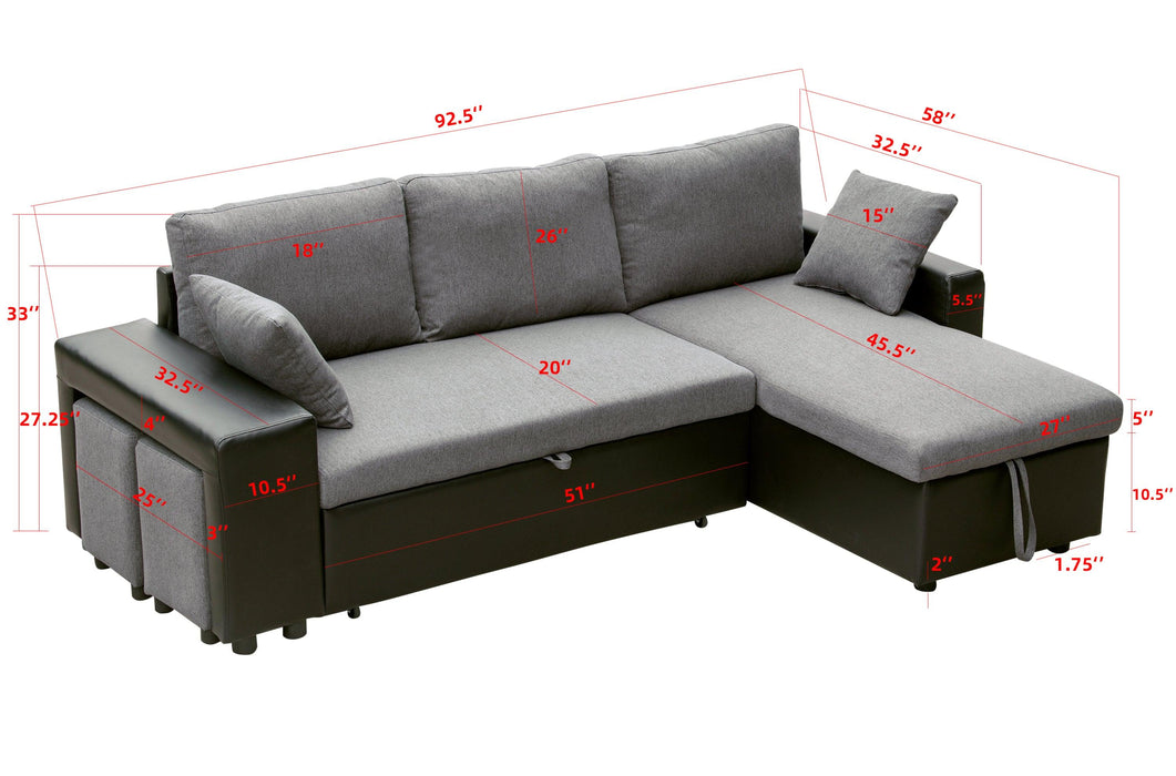 92.5“Linen Reversible Sleeper Sectional Sofa withStorage and 2 stools Steel Gray
