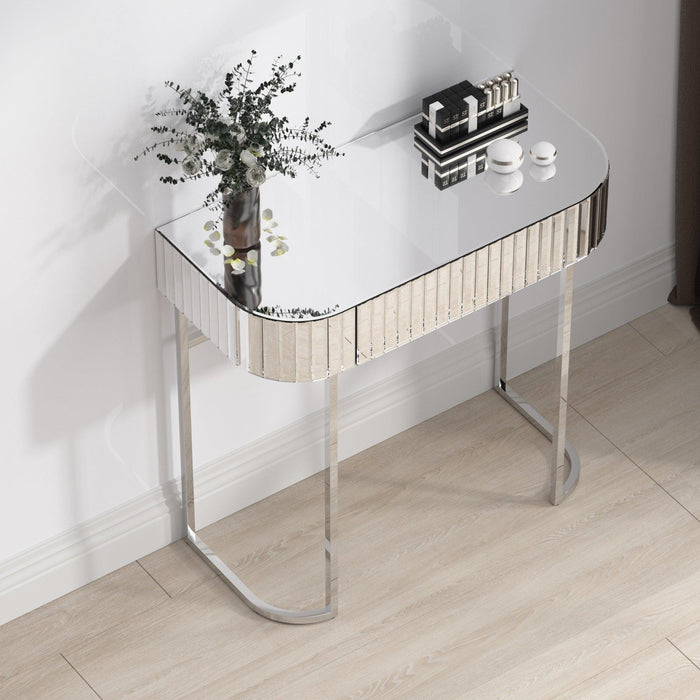 Mirrored Vanity Table, Mirrored Dressing Table, Stainless Steel Glossy Frame Desk for Bedroom Studio Office(Gray Striped Mirrored)