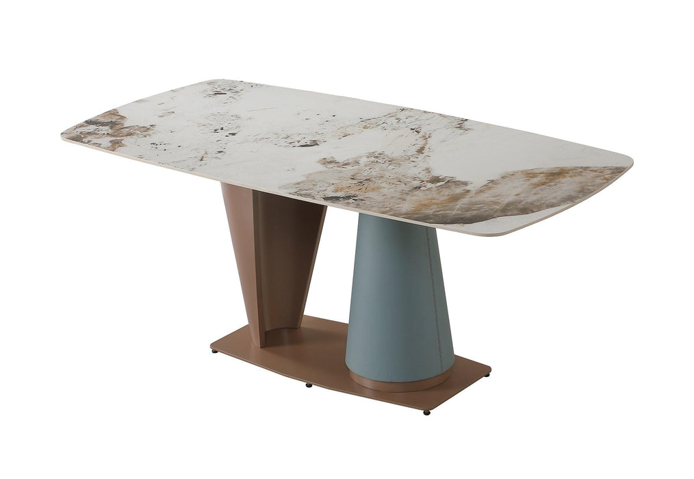 71"  Pandora color sintered stone dining table with cone shape  Pedestal Base in champagne and blue color