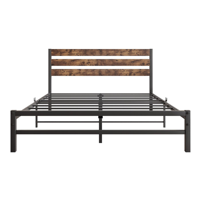 Platform Queen Size Bed Frame with Rustic Vintage Wood Headboard, Strong Metal Slats Support Mattress Foundation, No Box Spring Needed Rustic Brown