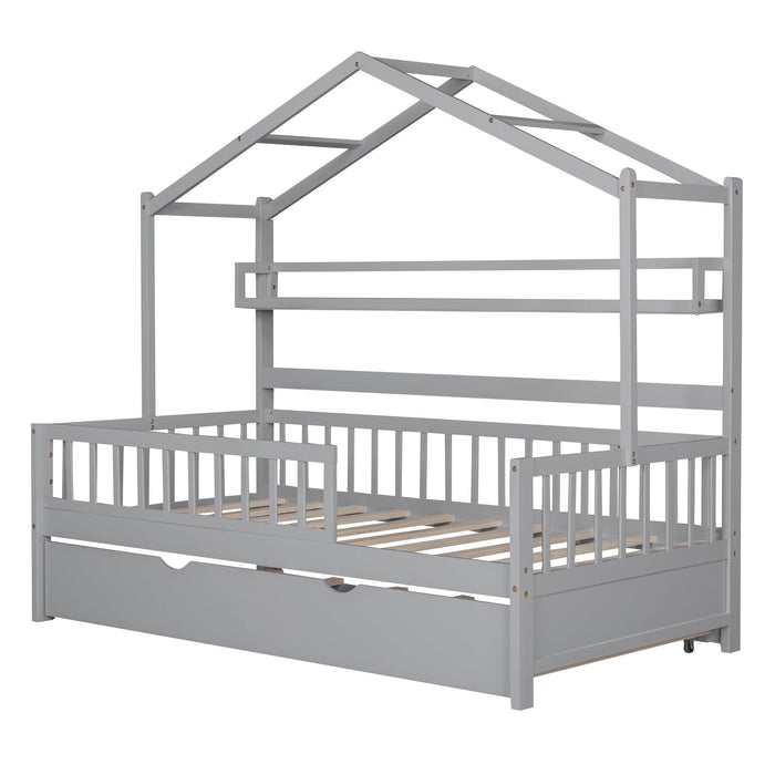 Wooden Twin Size House Bed with Trundle,Kids Bed with Shelf, Gray