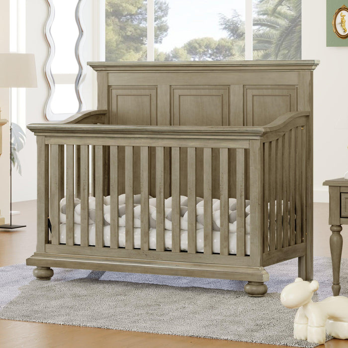 4 Pieces Nursery Sets Traditional Farmhouse Style 4-in-1 Convertible Crib + Nightstand + Dresser with Changing Topper, Stone Gray