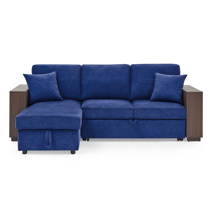 Sectional Sofa with Pulled Out Bed, 2 Seats Sofa and Reversible Chaise withStorage, MDF Shelf Armrest, Two Pillows, Navy Blue, (88" x52" x 34")