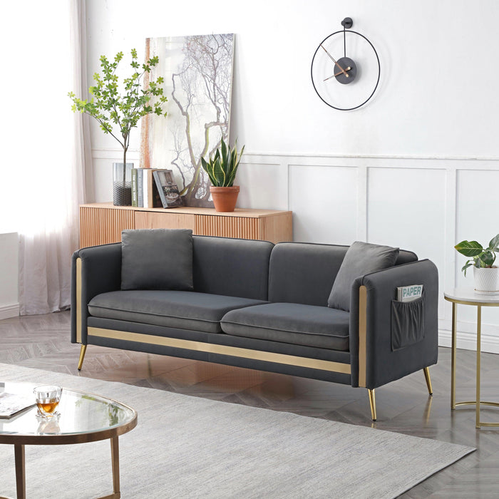 Modern Upholstered Velvet Sofa and Loveseat Mid-Century Tufted Living Room Set ld Metal Legs with Removable Cushions Side Pocket,4 Pillows Included,Grey
