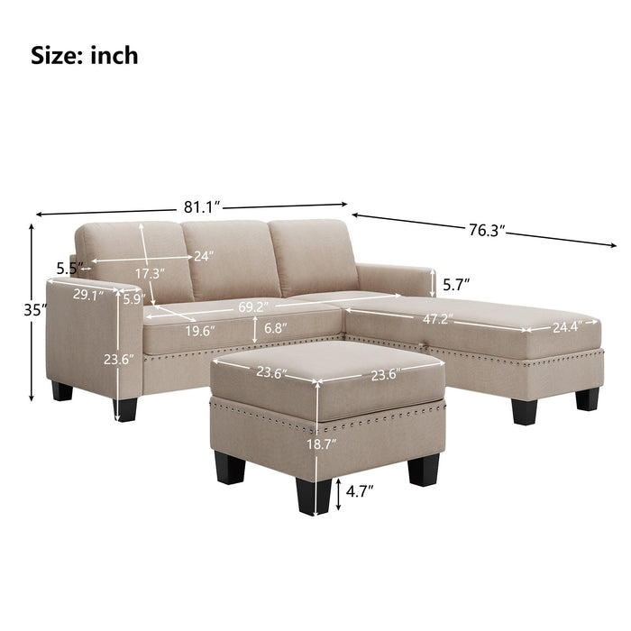 81.1*76.3*35" Reversible Sectional Couch withStorage Ottoman L-Shaped Sofa,Sectional Sofa with Chaise,Nailheaded Textured Fabric 3 pieces Sofa Set,Warm Grey