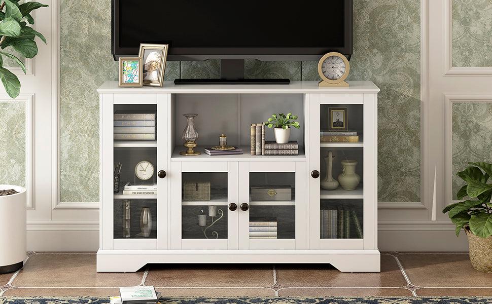 TV Stand for TV up to 60in with 4 Tempered Glass Doors Adjustable Panels Open Style Cabinet, Sideboard for Living room, White